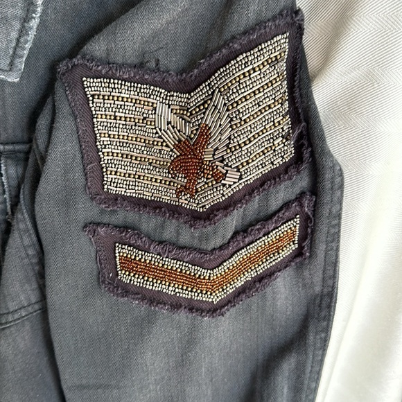 Free People Charcoal Denim Beaded Arm Patch Military Style Jacket - Picture 5 of 11